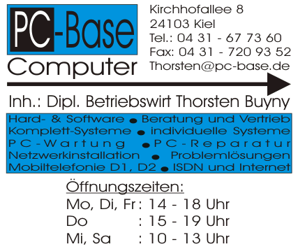PC-Base �ffnungszeiten: Montag, Dienstag und Freitag 14 bis 18 Uhr; Mittwoch und Samstag 10 bis 13 Uhr; Donnerstag 15 bis 19 Uhr